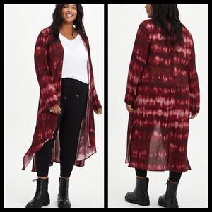 4X 26W Torrid Red Wine Tie Dye Guaze Kimono Open Long Sleeve Grunge 90s Light